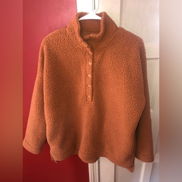 Aerie Oversized Cloud Sherpa Quarter Snap Pullover Brown Mustard - Picture 6 of 11